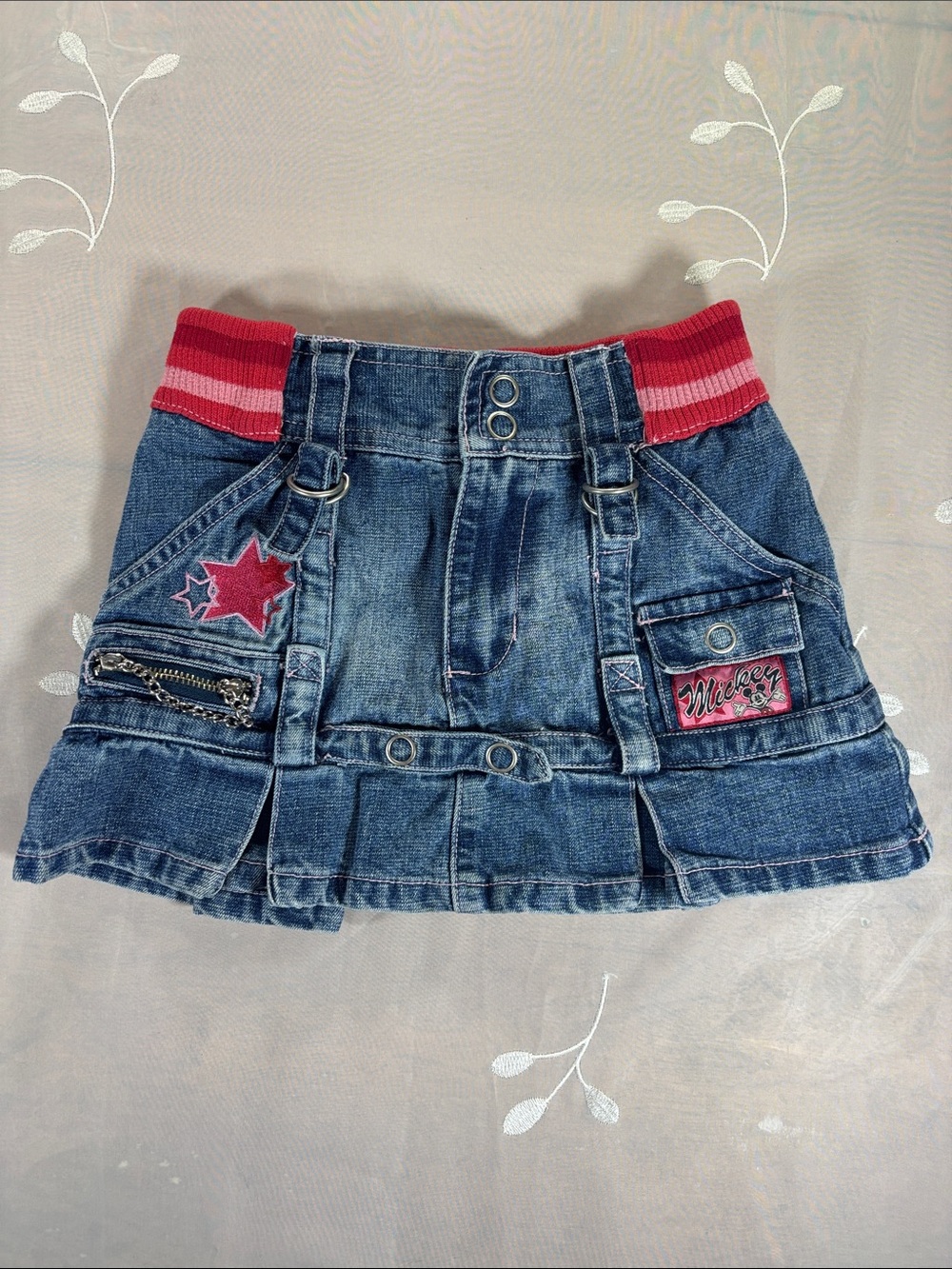Y2K Kids / Girl’s Denim Skirt with Pink Stripe Waistband Disney Mickey Sz 7